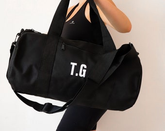 Personalized Black Gym Bag for Men And Women, Initial Monogram Travel Bag, Custom Weekender Bag, Unisex Yoga Bag, Embroidered Duffle Bag