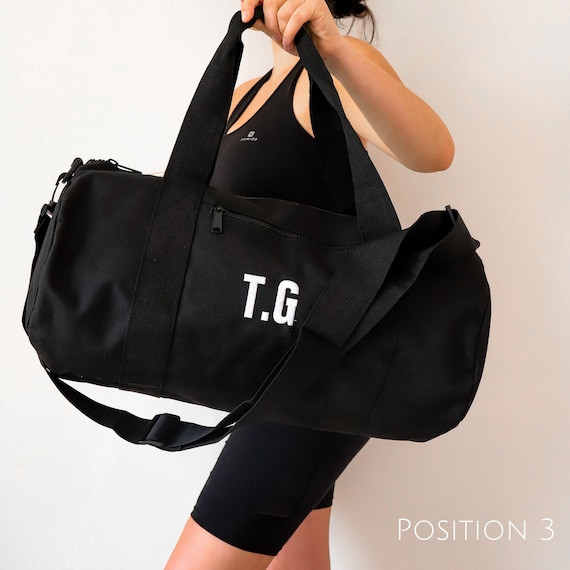 Personalized Black Gym Bag for Men and Women, Initial Monogram Travel Bag,  Custom Weekender Bag, Unisex Yoga Bag, Embroidered Duffle Bag 