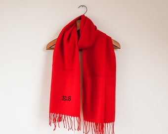 Personalized Red Scarf Gift for Daughter, Embroidered Shawl, Monogrammed Scarf, Personalized Scarf Gift, Chunky Long Winter Pashmina Scarf