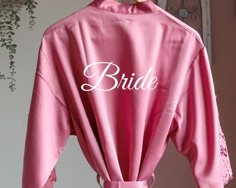Pink Plain Silk Bridal Robe - Bridesmaid Gown - Wedding Robes - Personalized Robe - Peacock Robe -  Short Length - Kimono Robe