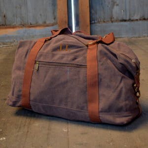 Personalized Embroidered Canvas Duffle Bag: Brown Vintage Weekend Travel Bag