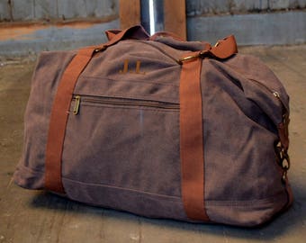 Personalized Embroidered Bags for Men, Vintage Brown Weekend Bag, Mens Travelling Bag, Cotton Canvas Bag, Monogrammed Bag, Brown Holdall Bag