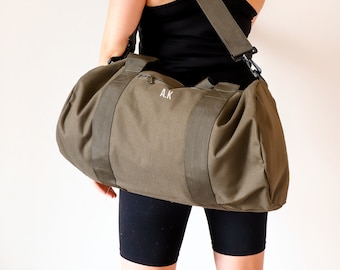 Personalized Khaki Gym Bag for Men And Women, Initials Monogram Weekender Bag, Unisex Sports Bag, Embroidered Travel Bag, Custom Duffle Bag