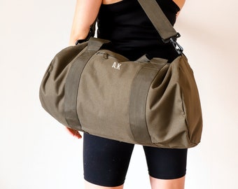 Personalized Khaki Gym Bag for Men And Women, Initials Monogram Weekender Bag, Unisex Sports Bag, Embroidered Travel Bag, Custom Duffle Bag