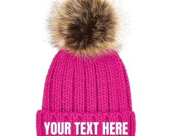 Personalized Pom Pom Beanie, Warm Knit Accessories, Beanie Hats for Women, Custom Winter Name Bobble Hat, Womens Bobble Hat Christmas Gift