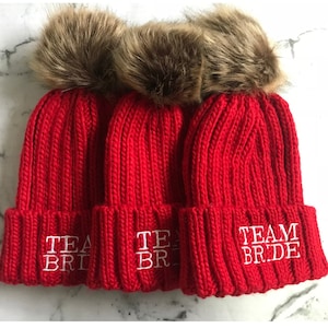 Personalized Team Bride Pom Pom Beanie, Christmas Gift for Bride, Winter Team Bride Beanie Hats, Personalized Bride And Bachelorette Gift