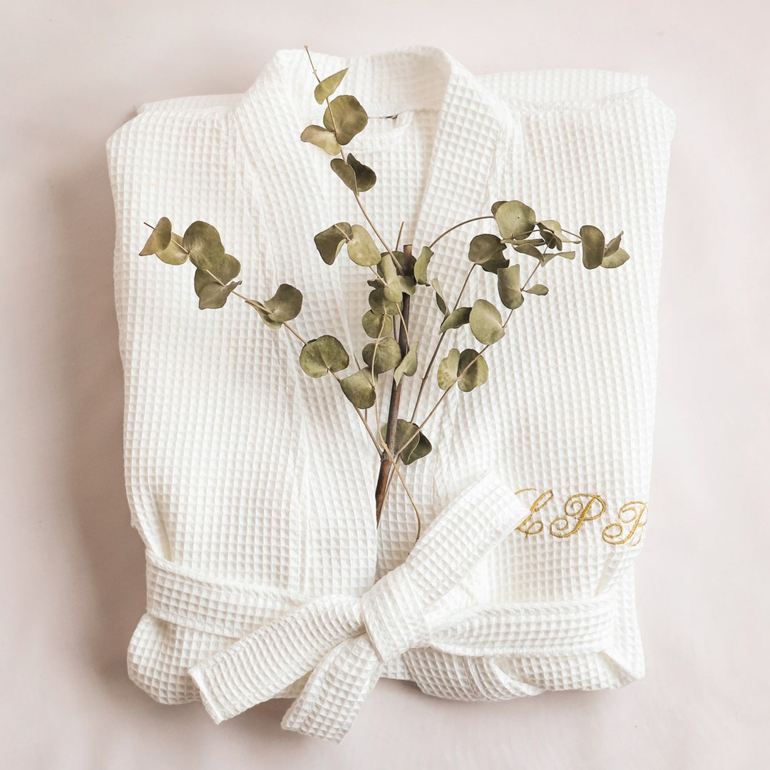 Personalized White Robe, Custom Night Robe, Spa Bathrobe, Cotton Waffle
