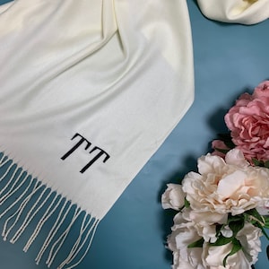 Personalized Scarf Cream Embroidered Initials Gift for Mom, Pashmina Scarf Christmas Gift, Winter Pashmina Shawl, Monogrammed Initial Scarf