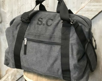 Personalized Embroidered Vintage Grey Weekend Bag, Cotton Canvas Duffle Bag, Mens Weekender Bag, Travel Bag for Men, Custom Mens Holdall Bag