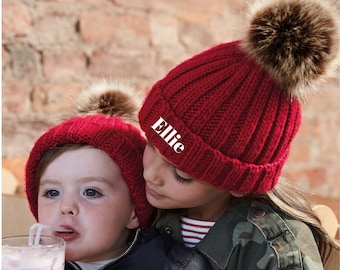 Kids Red Pom Pom Hat, Toddler Beanie With Pom Pom, Personalized Winter Kids Hat, Cold Weather Hat, Kid Bobble Hat, Children Christmas Gift