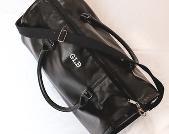 Personalized Weekender Bag, Faux Leather Suit Bag, Mens Monogrammed Bag With Internal Shoe Pocket, Leather Black Duffle Bag, Carry On Bag