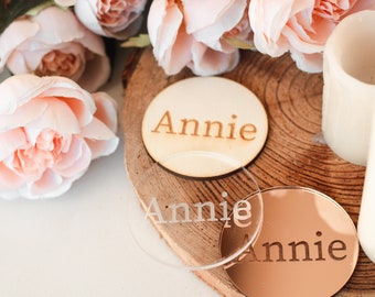 Circle Acrylic Place Cards, Acrylic Wedding Name Cards, Acrylic Wedding Name Place Cards Ideas, Circle Place Names Wedding Favours