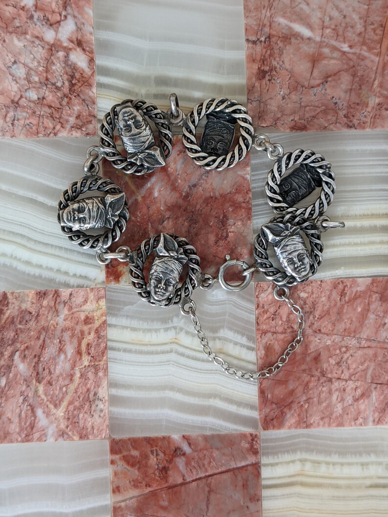 Vintage French Sterling Silver Link Bracelet Boho Jewelry Toujours Fid\u00e9le Souvenir Faces