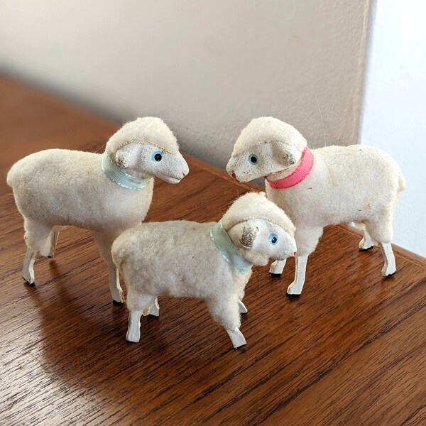 Vintage Japan Putz Sheep with Wooden Legs / Christmas Sheep Ornaments