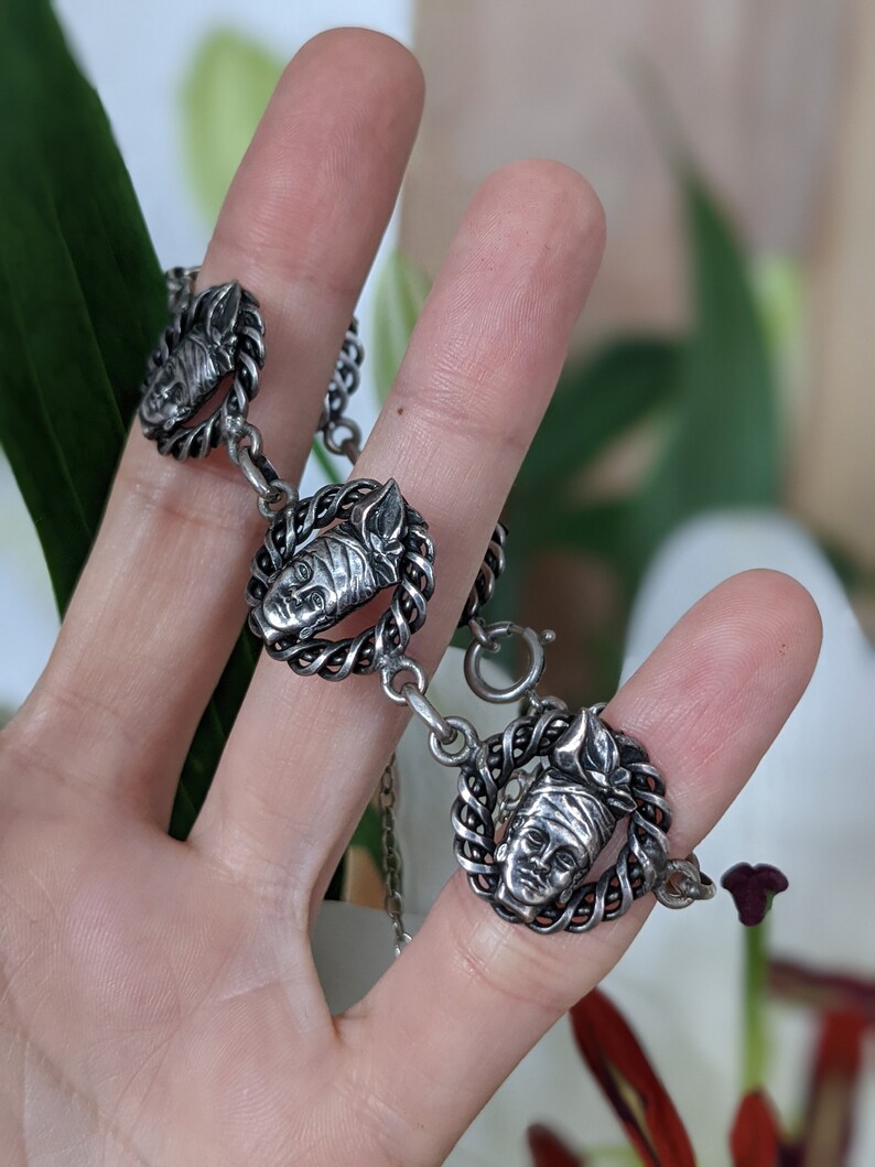 Vintage French Sterling Silver Link Bracelet Boho Jewelry Toujours Fid\u00e9le Souvenir Faces