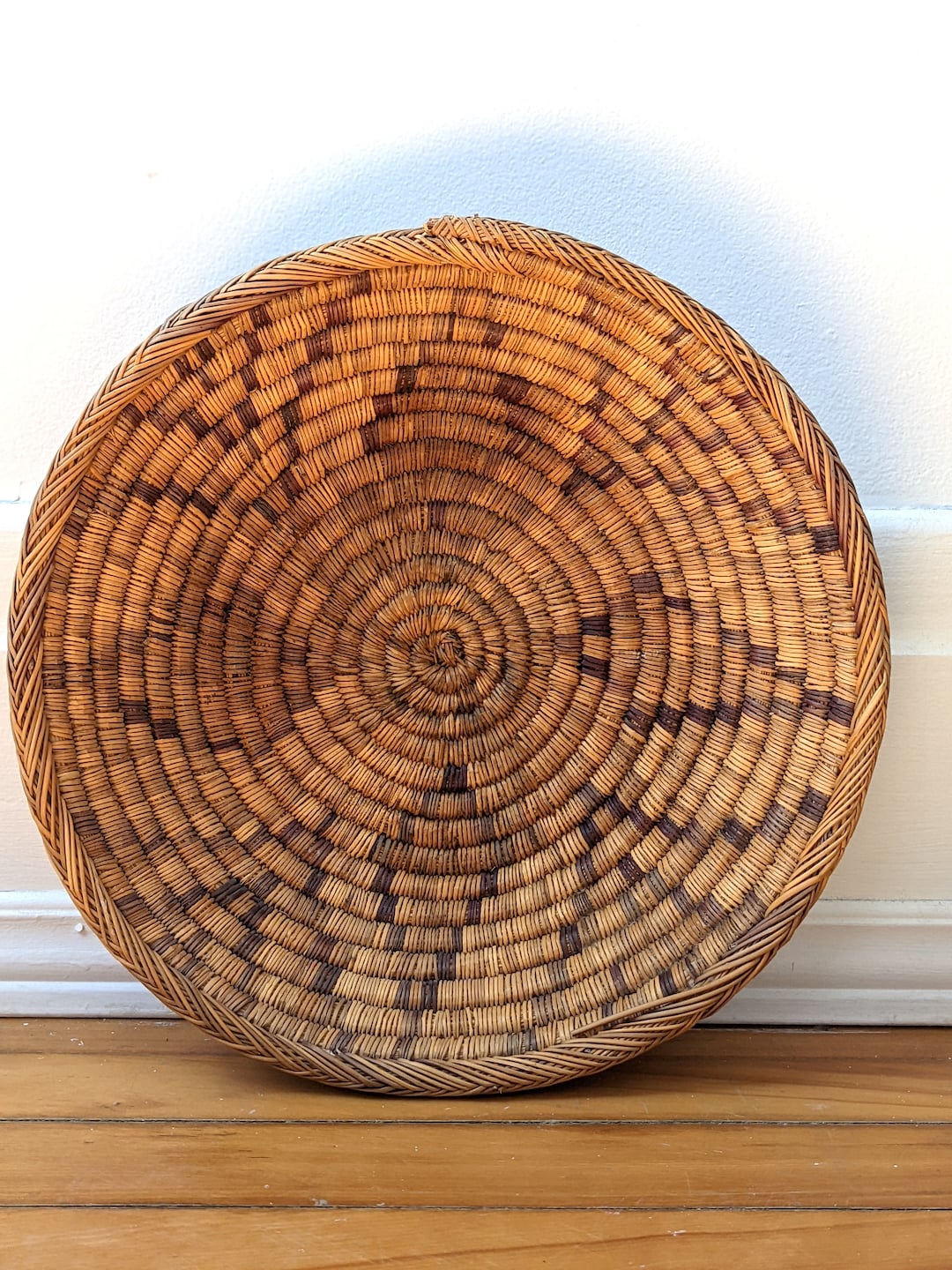 Large Vintage / Antique Wicker Basket / Morrocan Raffia Coil Bowl / Wall Basket Decor