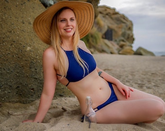 Navy High Neck Bikini Top with Cross Back