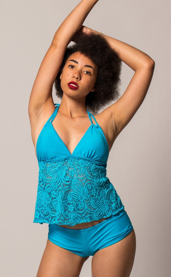 Blue Lace Tankini With Open Back 