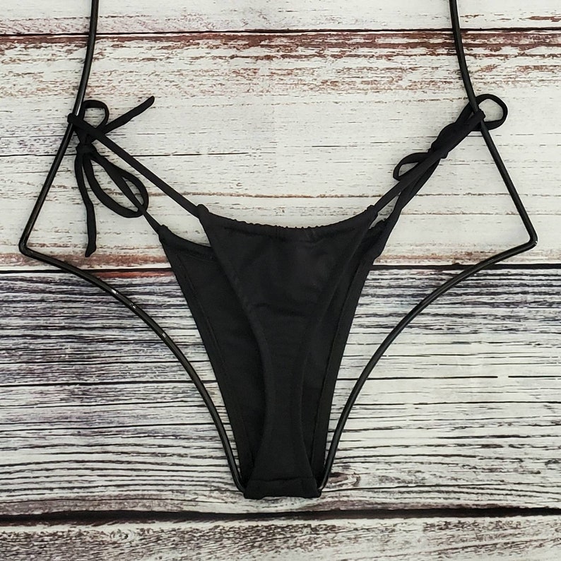 Black Micro Tie Thong Bikini Bottom with Sliding Front and | Etsy