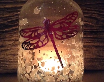 Glass dragonfly  candle holder / shield by night and sun catcher by day