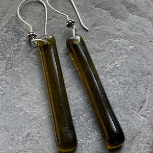 Contemporary olive drop earrings. Sterling silver & Fused glass reworked from champagne from bubbles to earrings the perfect eco gift.