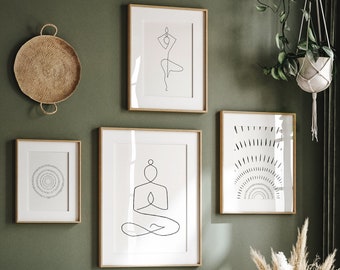 Yoga pose wall art set of 4 Minimalist black white line drawing gallery wall Abstract japandi decor Zen meditation poster gift Sun rise art