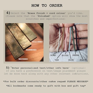 May include: An instructional graphic titled HOW TO ORDER showing three brass bookmarks with brushed, hammered, and polished finishes. A second image displays six cord colour options labelled bone, tan, blush, blue, green, and black.