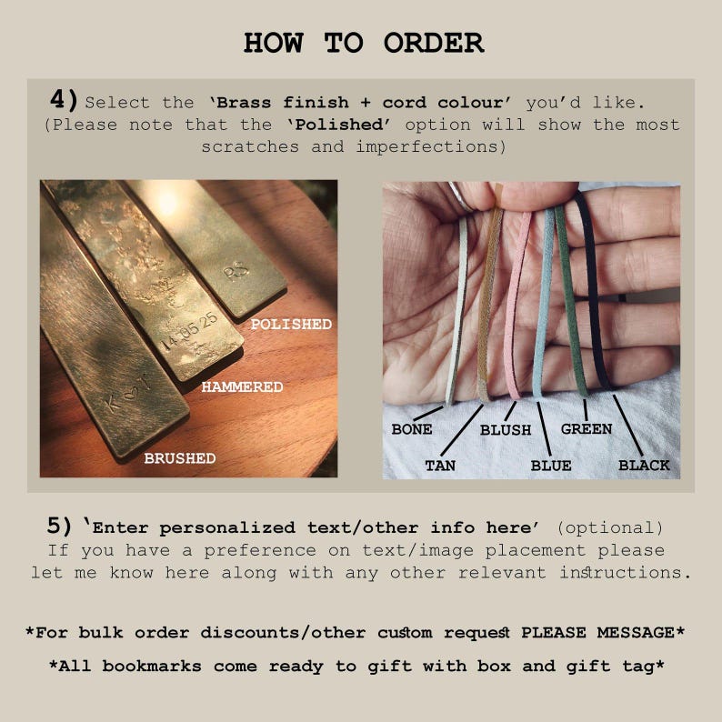 May include: An instructional graphic titled HOW TO ORDER showing three brass bookmarks with brushed, hammered, and polished finishes. A second image displays six cord colour options labelled bone, tan, blush, blue, green, and black.