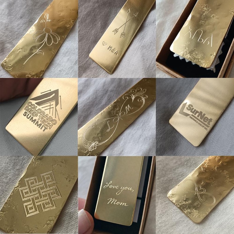 The image is a collage of nine gold-colored metal objects, each with unique designs and text engraved on them.