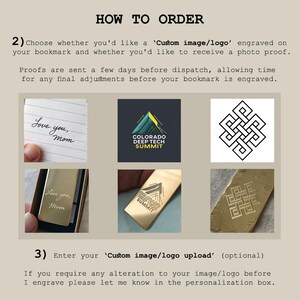 Peut inclure: Un graphique d'instructions intitul&eacute; HOW TO ORDER avec du texte expliquant les options de gravure personnalis&eacute;e. Il pr&eacute;sente trois exemples de motifs : une note manuscrite, un logo Colorado Deep Tech Summit et un n&oelig;ud g&eacute;om&eacute;trique sur signet.