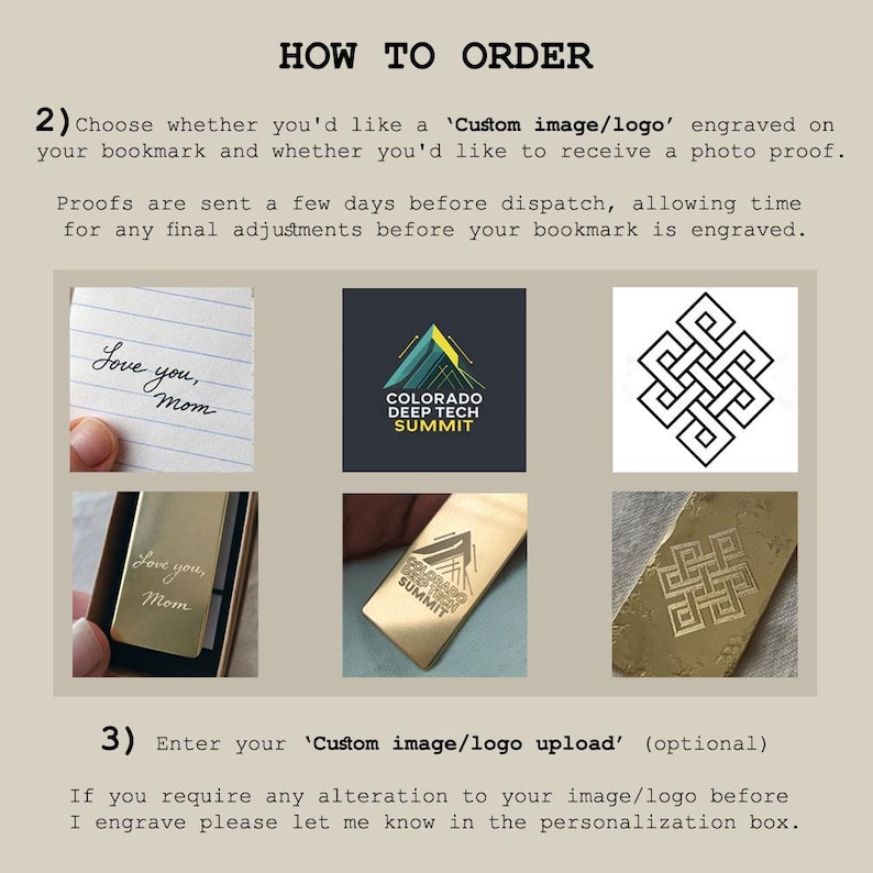 Peut inclure: Un graphique d'instructions intitul&eacute; HOW TO ORDER avec du texte expliquant les options de gravure personnalis&eacute;e. Il pr&eacute;sente trois exemples de motifs : une note manuscrite, un logo Colorado Deep Tech Summit et un n&oelig;ud g&eacute;om&eacute;trique sur signet.