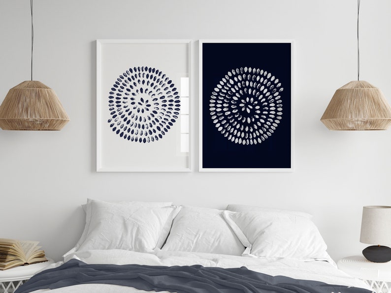Blue white japandi painting prints set of 2 blue wall art over the bed decor
