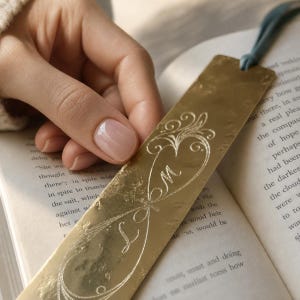 Puede incluir: Un marcapáginas rectangular de metal dorado con textura martillada y acabado pulido. El marcapáginas presenta un diseño de corazón grabado con letras cursivas en su interior y una cinta azul oscuro sujeta a través de un orificio en el extremo superior.