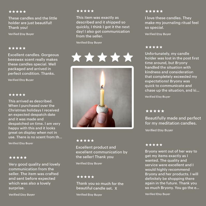 May include: A set of five small, white, beeswax candles with a natural, wooden wick. The candles are displayed in a hand, with the flame lit on one of the candles. The candles are perfect for meditation or journaling.