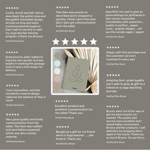 May include: A collection of customer reviews for a green journal with a minimalist line drawing of a person in a yoga pose. The journal has the word "NORTH" printed on the cover. The reviews highlight the quality of the journal, the seller's communication, and the overall positive experience.