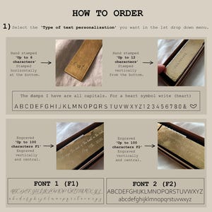 Peut inclure: Un guide intitul&eacute; HOW TO ORDER pr&eacute;sentant les options de personnalisation pour des objets en m&eacute;tal. Il montre des exemples estampill&eacute;s &agrave; la main avec K&T ou du texte, et des gravures en polices F1 cursive ou F2 b&acirc;ton, avec les caract&egrave;res.