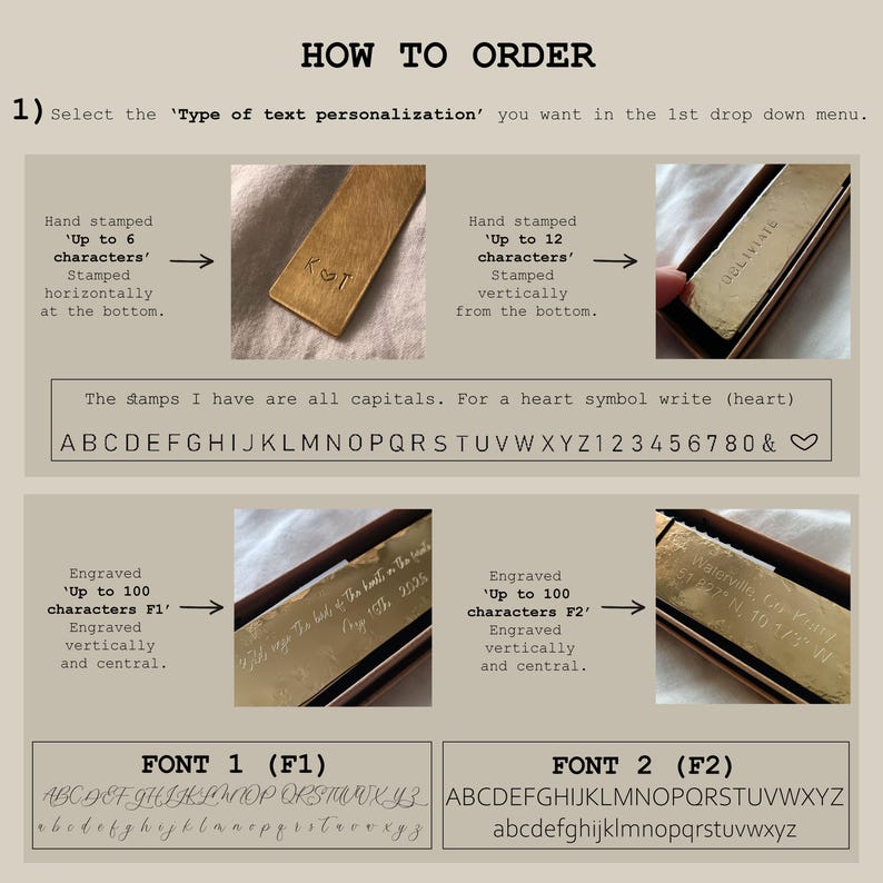 Peut inclure: Un guide intitul&eacute; HOW TO ORDER pr&eacute;sentant les options de personnalisation pour des objets en m&eacute;tal. Il montre des exemples estampill&eacute;s &agrave; la main avec K&T ou du texte, et des gravures en polices F1 cursive ou F2 b&acirc;ton, avec les caract&egrave;res.