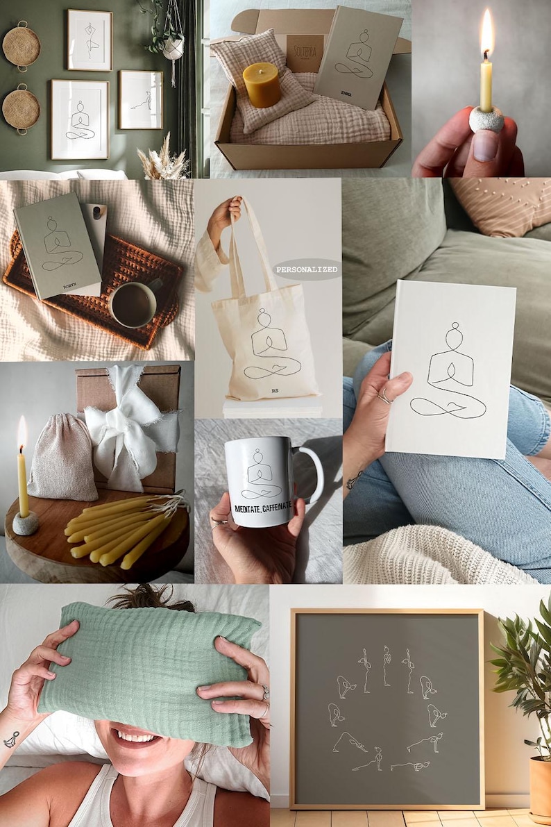 May include: A curated collection of self-care items featuring a minimalist line drawing of a person meditating. The collection includes a tote bag, a journal, a mug, a candle, a sleep mask, and a framed print with a series of yoga poses. The text "PERSONALIZED" is visible on the tote bag and the text "MEDITATE. CAFFENATE." is visible on the mug.