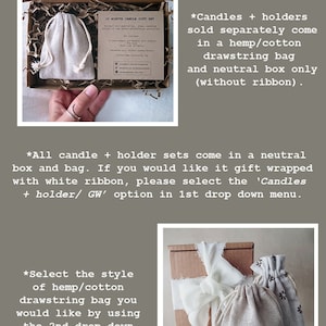 Op de afbeelding: Een kaars cadeau set in een kartonnen doos met een hennep/katoenen trekkoordtas. De tekst "PACKAGED WITH CARE" staat bovenaan. De set bevat een kaart met productinformatie. Extra tassen en een doos met een wit lint zijn ook afgebeeld.