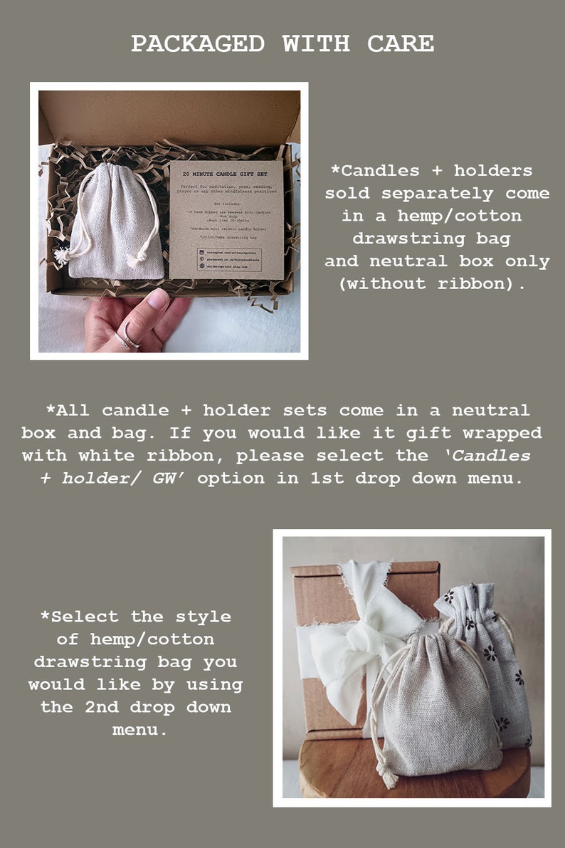 Op de afbeelding: Een kaars cadeau set in een kartonnen doos met een hennep/katoenen trekkoordtas. De tekst "PACKAGED WITH CARE" staat bovenaan. De set bevat een kaart met productinformatie. Extra tassen en een doos met een wit lint zijn ook afgebeeld.