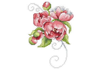 Napkin with peonies digital cross stitch pattern