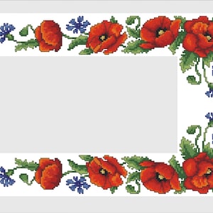 Tafelloper met wilde bloemenpatroon voor kruissteek, Zomerloper PDF, Tafelloper met klaprozen en korenbloemen PDF