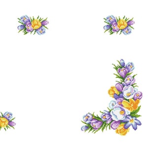 May include: A white background with a border of purple, yellow, and white crocuses. The flowers are arranged in clusters at each corner of the image.
