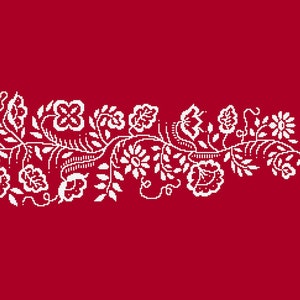 May include: White floral design on a red background. The design features a repeating pattern of leaves, flowers, and vines.