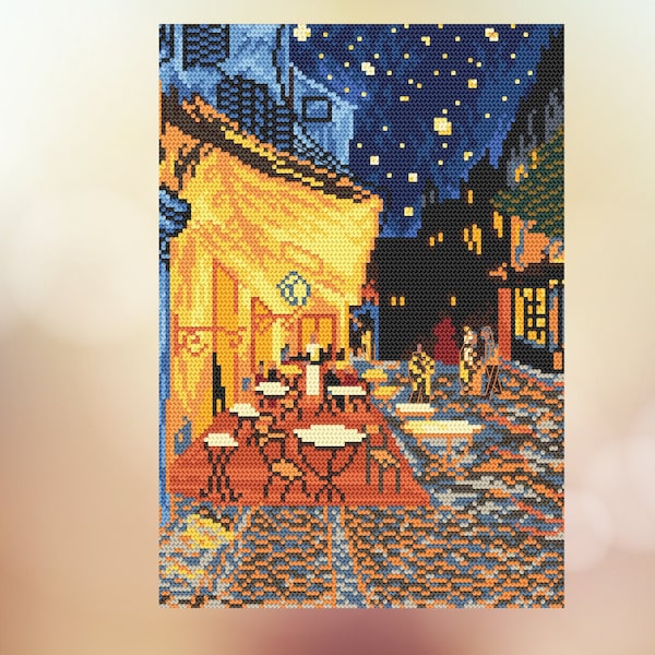 Night Café - Vincent Van Gogh Digital Cross Stitch Pattern, Impressionist Landscape Pdf Digital Cross Stitch Pattern ,