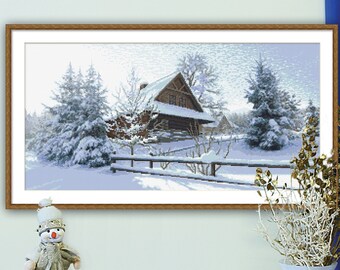 winter cottage digital pattern for cross stitch ,Trees in cross stitch  PDF