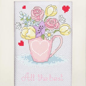 Modèle de point de croix PDF - Carte d'anniversaire - Fleurs dans une tasse, PDF, hks - Modèle pour smartphone,  télécharger instantanément.