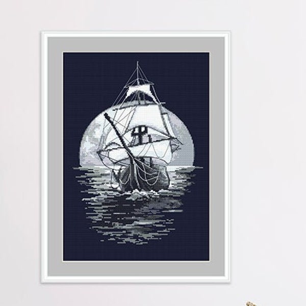 Sailing ship in the night digital  cross stitch pattern PDF, On the waves of dreams, Cross stitch pattern navy