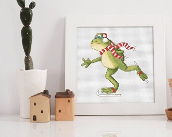 Frog on the snipe digital cross stitch pattern, Little frog cross stitch digital pattern pdf,