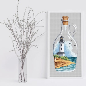 Bottle with a lighthouse digital cross stitch pattern PDF, Cross stitch pattern navy